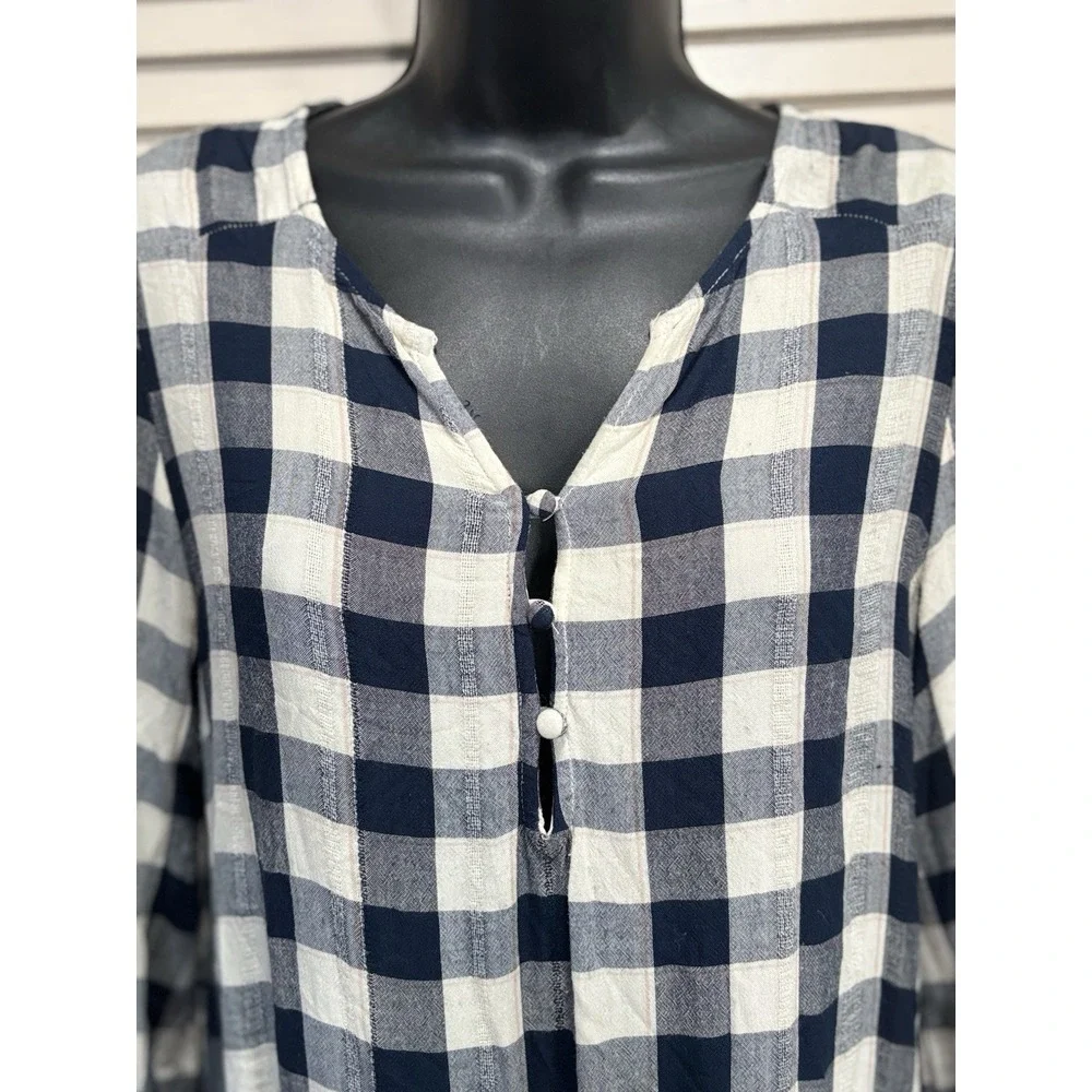 American Eagle Blue/White Plaid Buttons Tiered Long Sleeve Size‎ S Flowy Ruffles